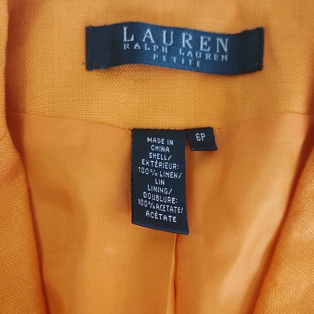 Lauren Ralph Lauren Hibicus Orange Linen Blazer. Size 6p - Picture 7 of 10